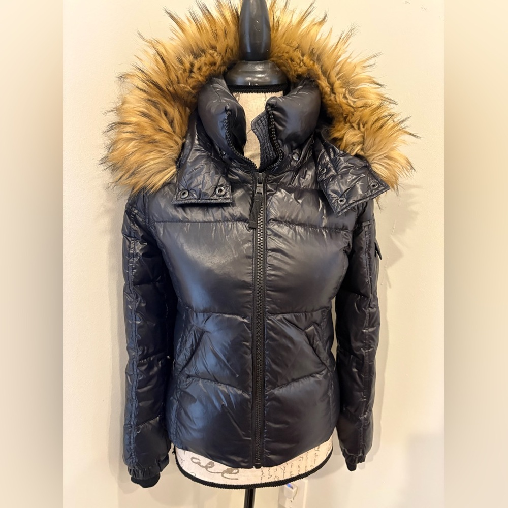 S13 New York Girls Black Puffer Jacket with Faux Fur Hood Size 14 Kids